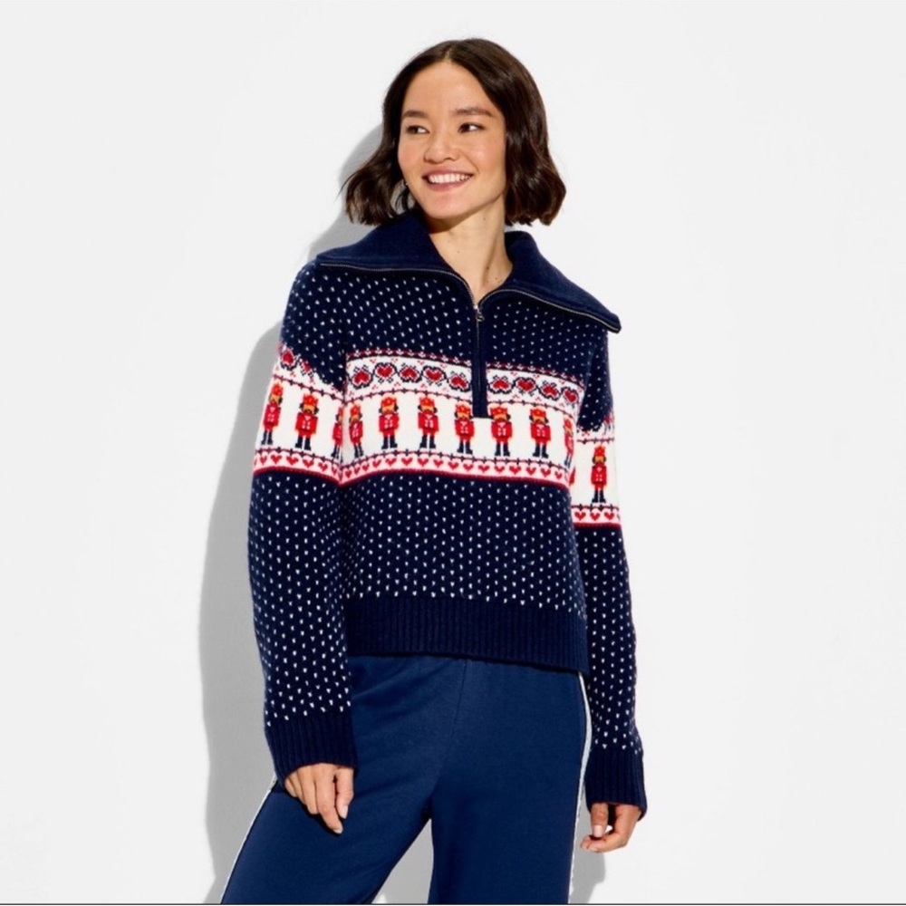 Viral Nutcracker Toy Solider Fair Isle Nordic Quarter Zip Sweater Navy XS NWT